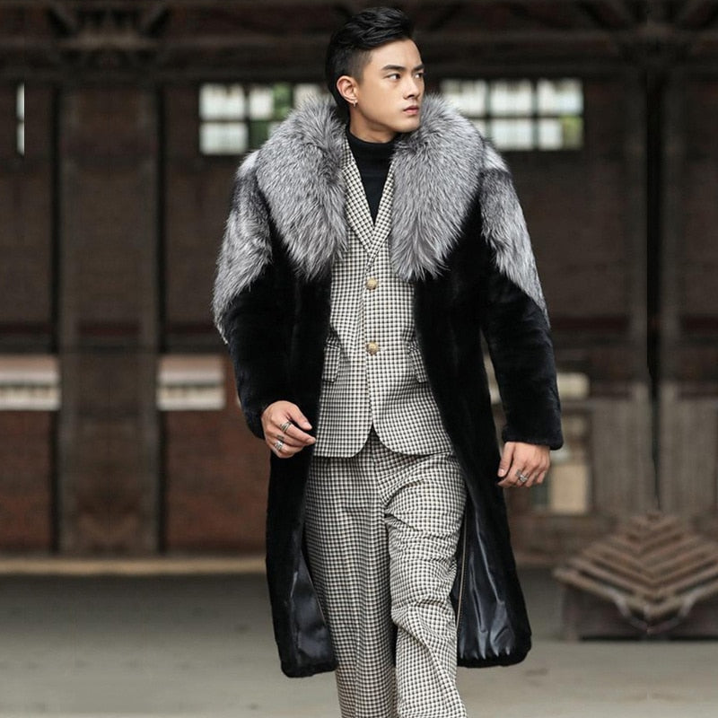 IEFB Men's Faux Fur Coat Mink Fur Colorblock Patchwork Velvet Winter Warm Long Coat  Casual Fur Jacket 9Y9957