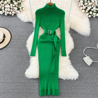 Hot Turtleneck Sexy Long Sleeve Bodycon Sweater Dress with Belt