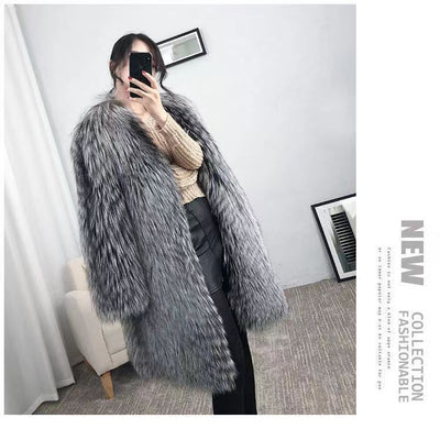 Mid Long Thick Silver Fox Fur Jacket