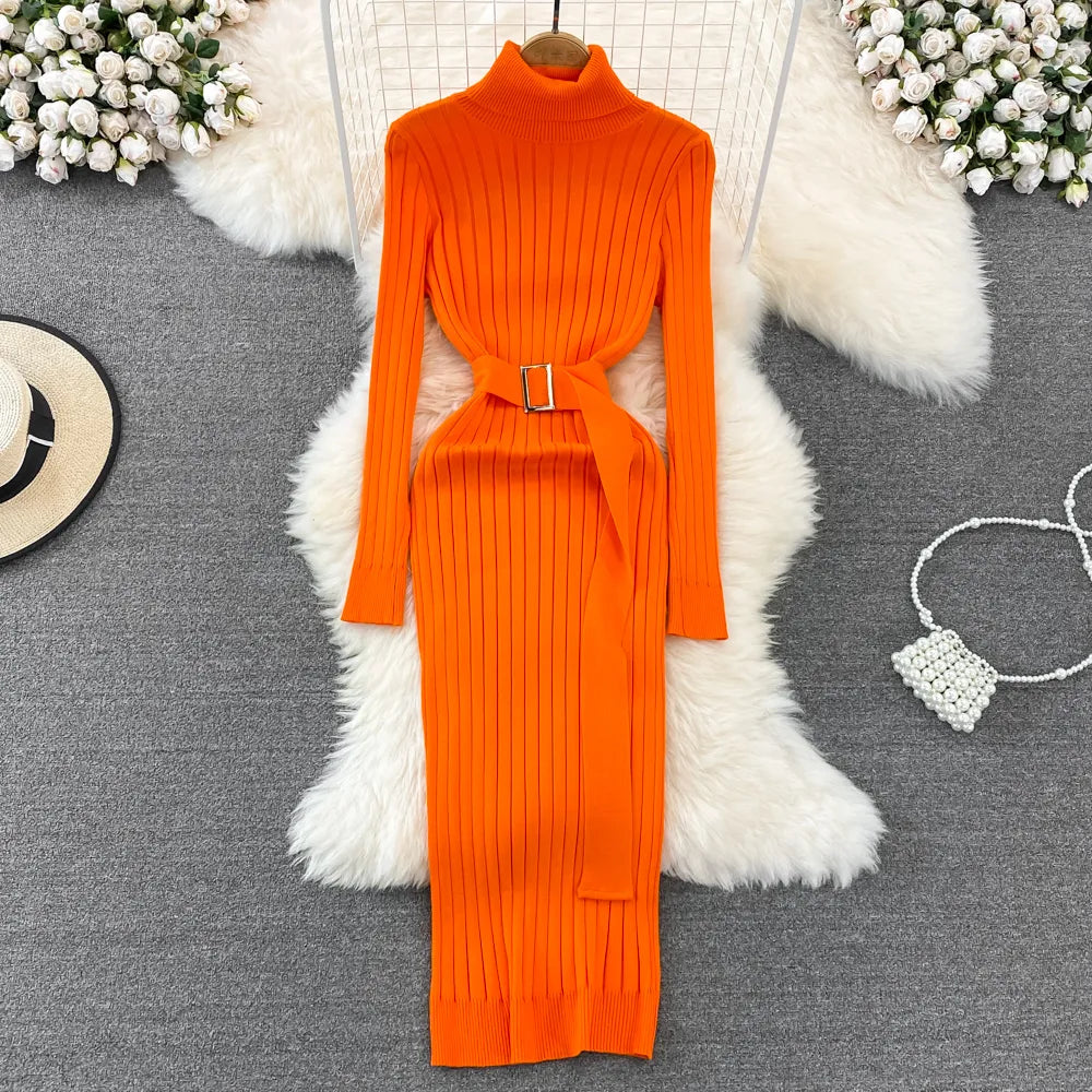 Hot Turtleneck Sexy Long Sleeve Bodycon Sweater Dress with Belt