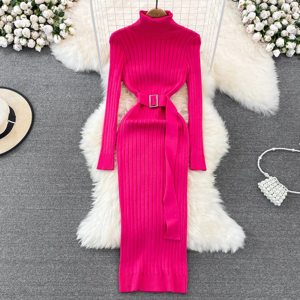 Hot Turtleneck Sexy Long Sleeve Bodycon Sweater Dress with Belt