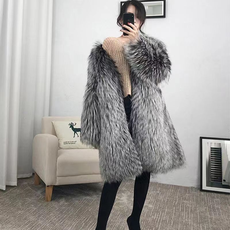 Mid Long Thick Silver Fox Fur Jacket