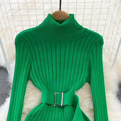 Hot Turtleneck Sexy Long Sleeve Bodycon Sweater Dress with Belt