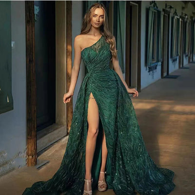 Elegant Emerald Green Formal Dress-Side Slit-Sparkling Lace