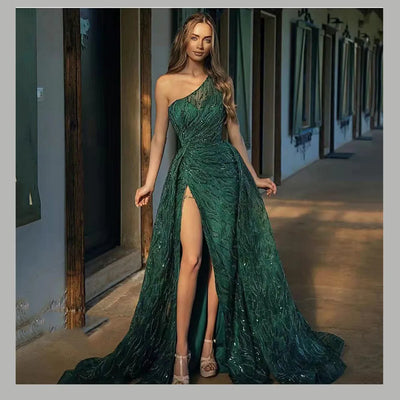 Elegant Emerald Green Formal Dress-Side Slit-Sparkling Lace