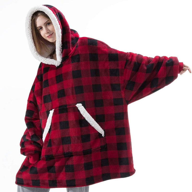 Plaid Hooded Fluffy Fleece Sofa Jacket