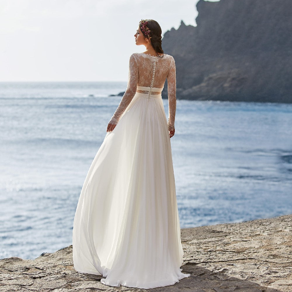 Chiffon A-Line Lace Back Bridal Gowns