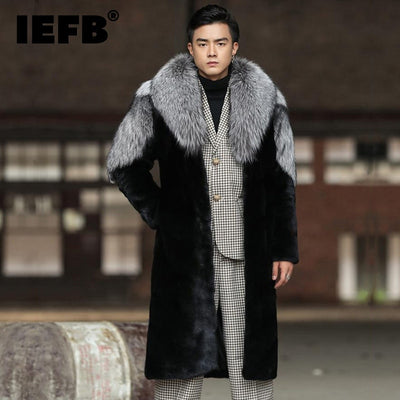 IEFB Men's Faux Fur Coat Mink Fur Colorblock Patchwork Velvet Winter Warm Long Coat  Casual Fur Jacket 9Y9957