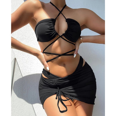 Sexy Halter Hollow Cross Bikinis Set Tulle-Wear