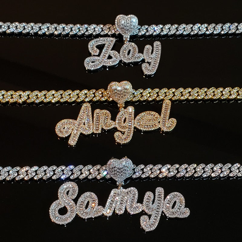 Custom Name Cuban Necklace with Heart 16-24 Inches