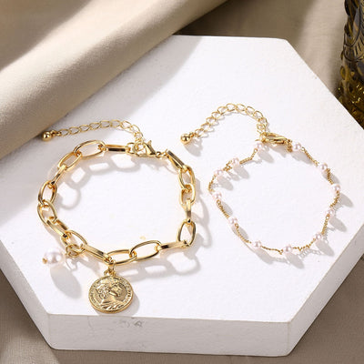 NEW Fashion Alloy Pearl Pendant Thick Chain & Bracelet for Women