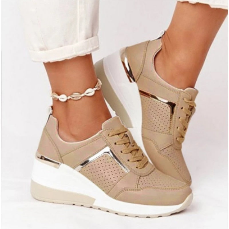 Patchwork Lace-Up Wedge Chunky Sneakers