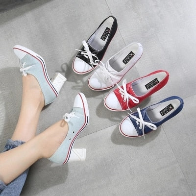 2023 Pumps Style Denim High Heel Canvas Shoes Size 7- 8