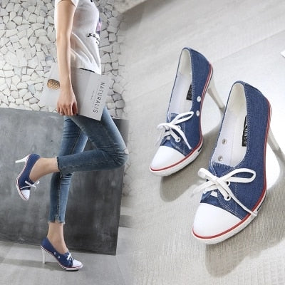 2023 Pumps Style Denim High Heel Canvas Shoes Size 6-6.5