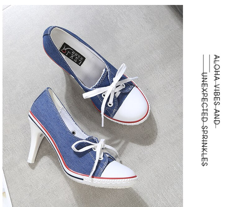 2023 Pumps Style Denim High Heel Canvas Shoes Size 7- 8