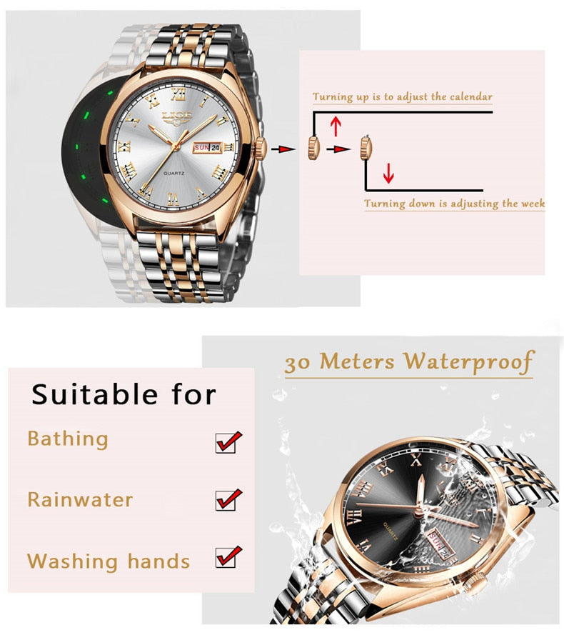 Top Fashion Stainless Steel Waterproof Gold Watch