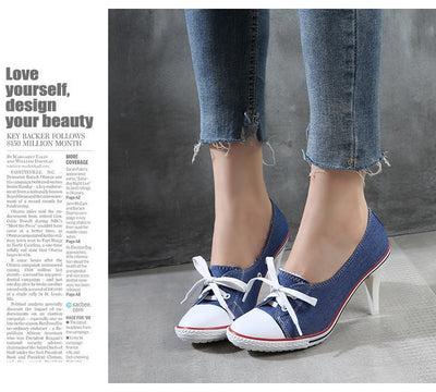 2023 Pumps Style Denim High Heel Canvas Shoes Size 6-6.5