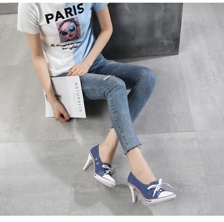 2023 Pumps Style Denim High Heel Canvas Shoes Size 7- 8