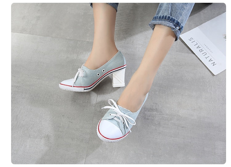 2023 Pumps Style Denim High Heel Canvas Shoes Size 6-6.5