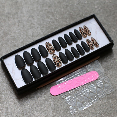 Matte false Nails Black almond Leopard print