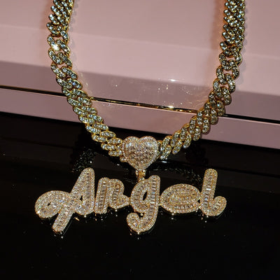 Custom Name Cuban Necklace with Heart 16-24 Inches