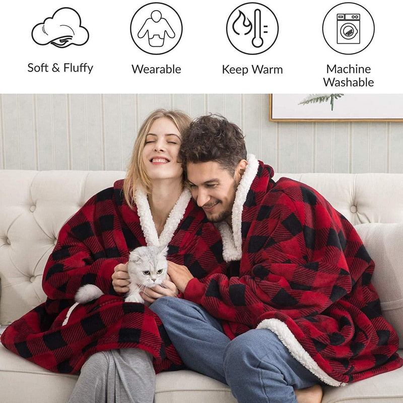 Plaid Hooded Fluffy Fleece Sofa Jacket