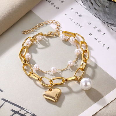 NEW Fashion Alloy Pearl Pendant Thick Chain & Bracelet for Women
