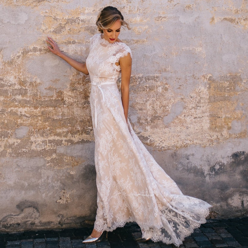 2023 Vintage Champagne Lace Wedding Dress