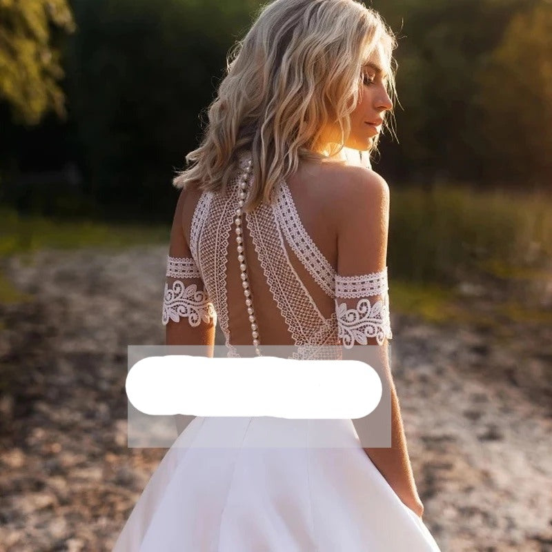 Short Sleeve Illusion Back Bridal Gowns