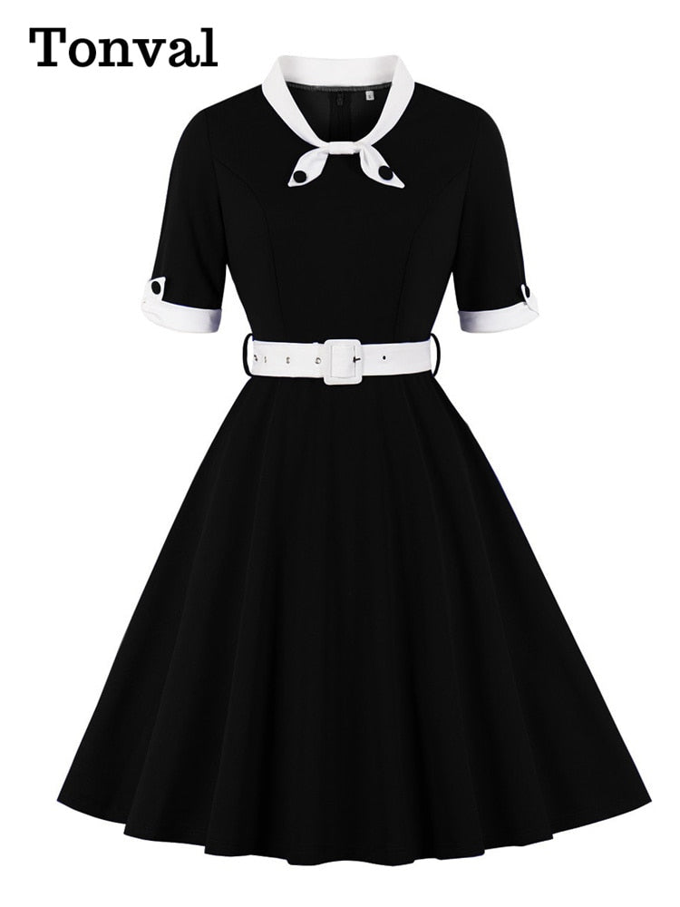 Bow Neck and Cuff Vintage Belted Dress