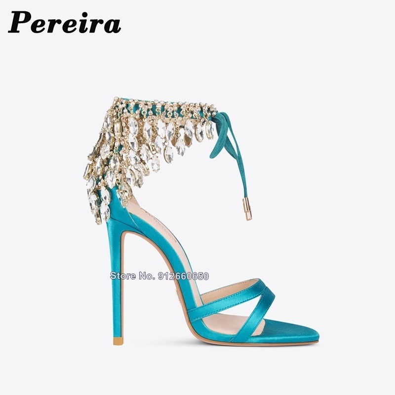 Lace Up Open Toe Crystal Sandals With-Thin High Heel
