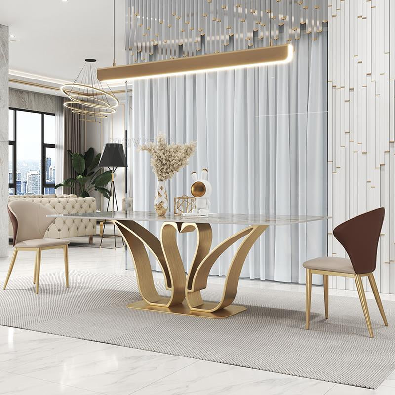 Golden Marble Dining Table Set 1.8m, 6 Chairs