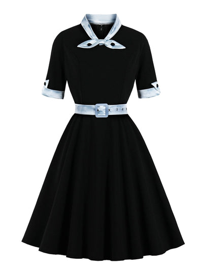 Bow Neck and Cuff Vintage Belted Dress