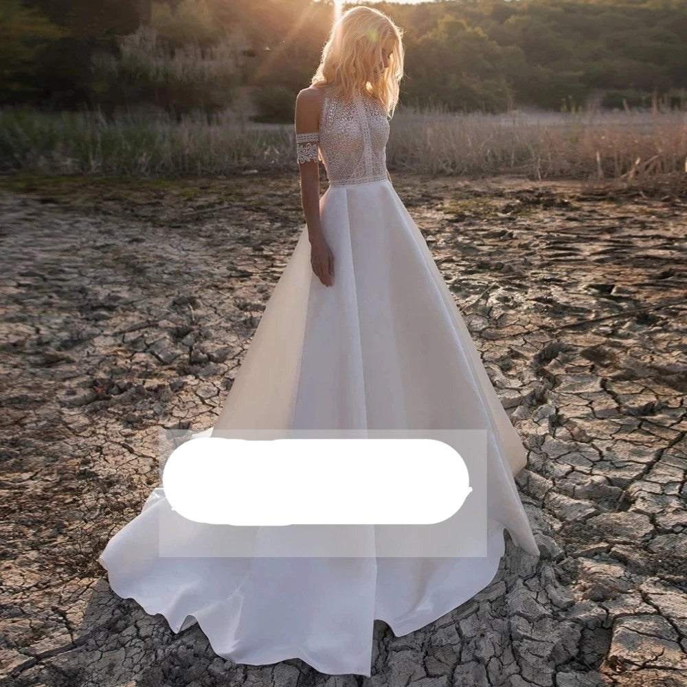 Short Sleeve Illusion Back Bridal Gowns