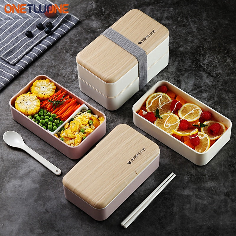 Microwave Double Layer Lunch Box Wooden Style