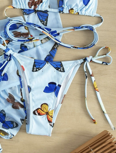 Sexy Butterfly Print Long Sleeve Bikinis Set