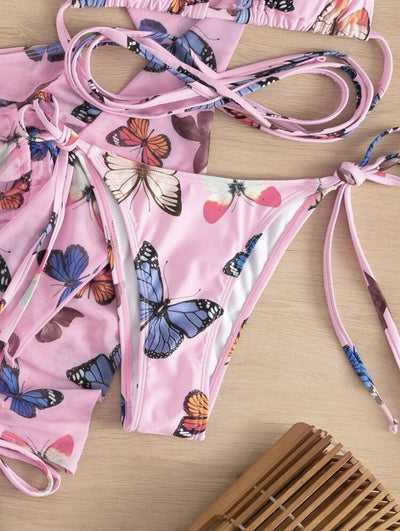 Sexy Butterfly Print Long Sleeve Bikinis Set