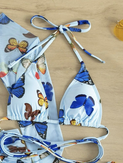 Sexy Butterfly Print Long Sleeve Bikinis Set