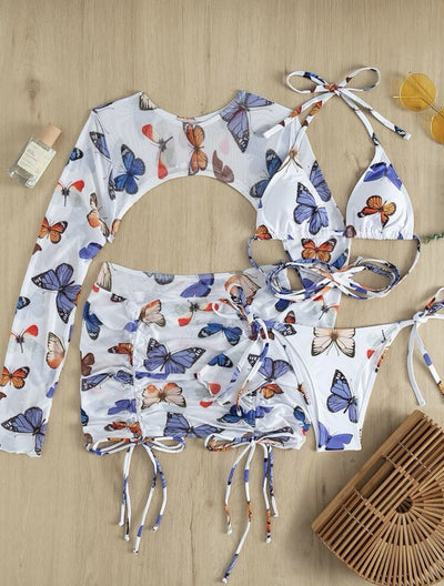 Sexy Butterfly Print Long Sleeve Bikinis Set