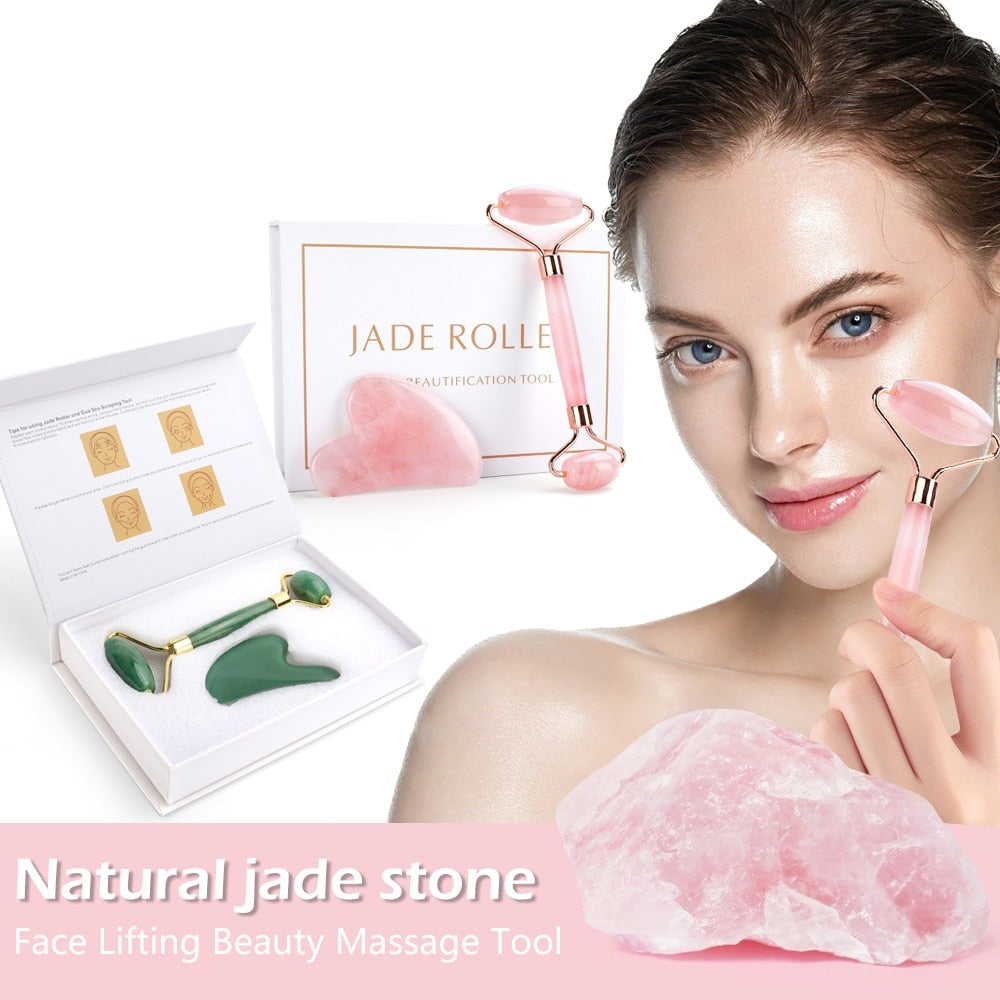Natural Face-lift Massage Facial Jade Roller Makeup Kit - GiGezz